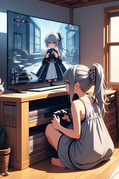 anime girl sitting on the floor playing a video game on a tv