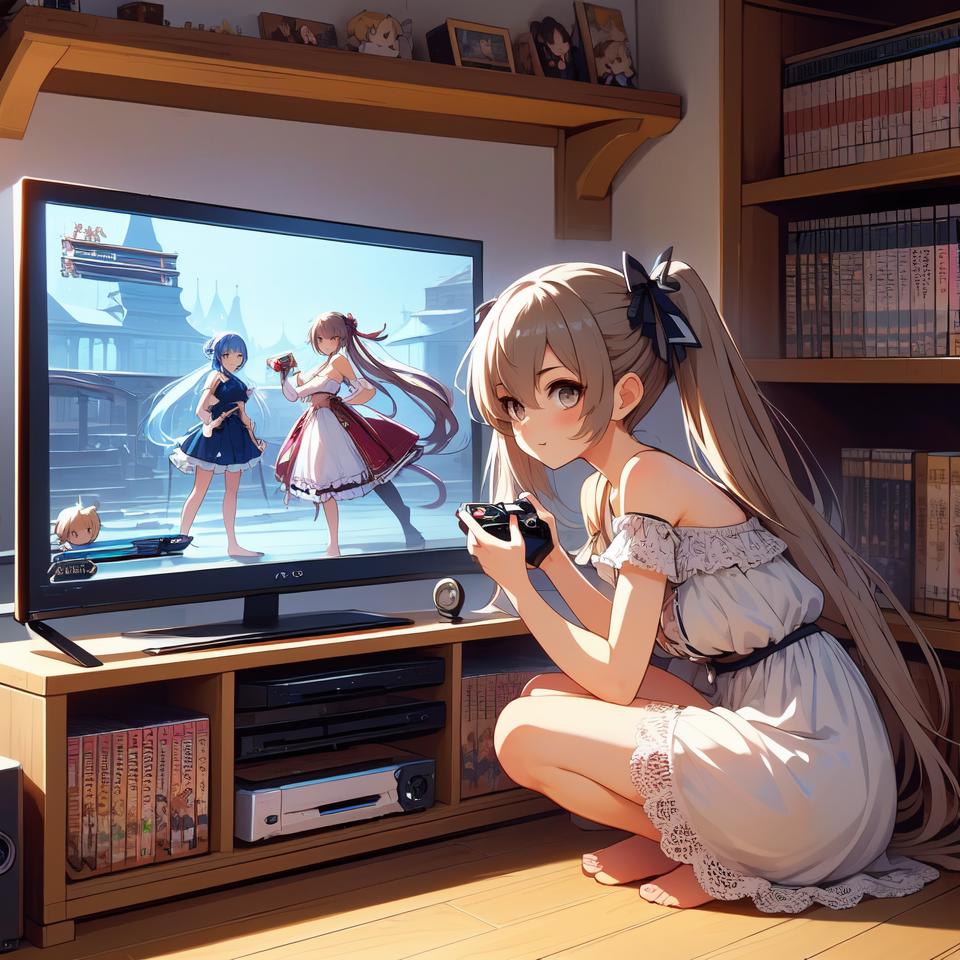 Anime girl sitting on the floor in front of a tv playing a video game -  SeaArt AI