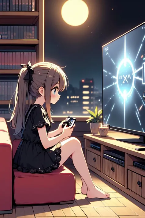 (((masterpiece))), (((best quality))), (((from side))), (((playing videogame))), ((RPG game interface on TV)), manga bookcase, playstation, solo, 1girl, (((sitting on sofa))), shy, blush, big tits, ribbon, brown twintails, black lace dress, legs, (bare feet), CD, dolls, table, poster, window, night view,  wooden floor, <lora:girllikevideogame:1>