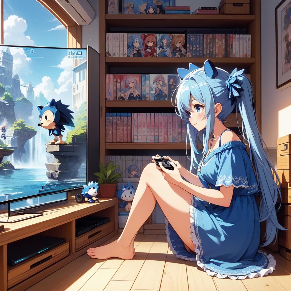 Anime girl sitting on the floor playing a video game - SeaArt AI