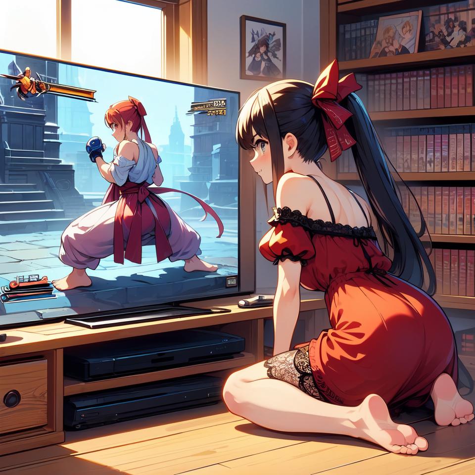 Anime girl sitting on the floor watching a video game on a tv - SeaArt AI