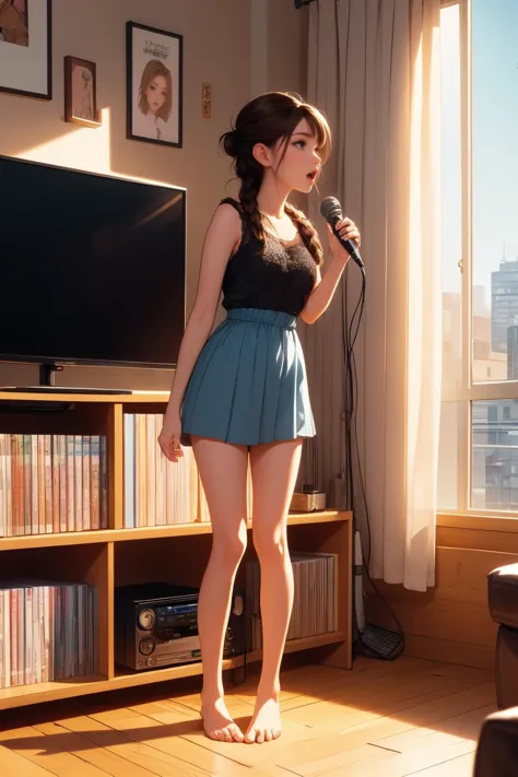 ( detailed realistic background:1),
( official art, beautiful and aesthetic:1 ),
realistic lighting,
cinematic lighting,
hyperrealism,
soothing tones,
muted colors,
high contrast,
soft light,
sharp,
artistic photoshoot,
( cute, petite ),
slender,
european,
pale cheeks,
square face shape with angular jaw,
natural "no-makeup" makeup,
small breasts,
,
brunette hair ,
infinity braid hairstyle  , 
<lora:girllikekaraoke:0.8> karaoke machine wired, singing, holding a mic, subtitle on TV, manga bookcase, sofa, carpet, poster, curtain, wooden floor, bare feet