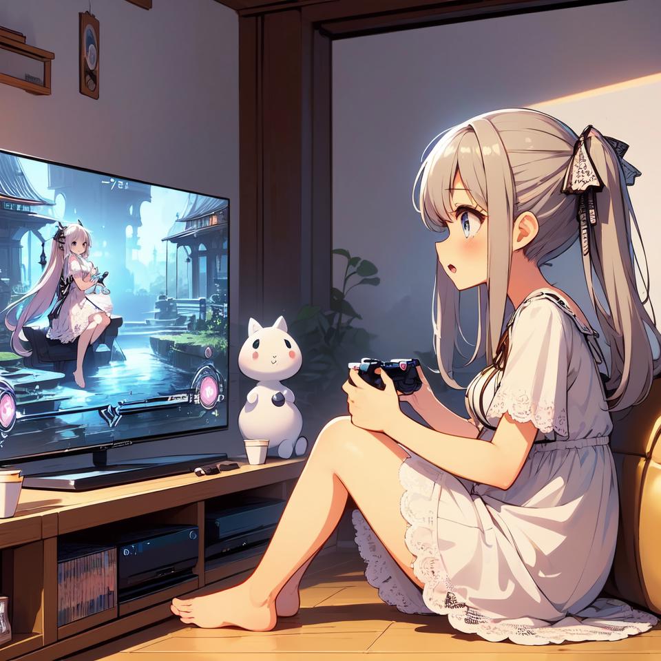 Anime girl sitting on the floor playing a video game on a tv - SeaArt AI