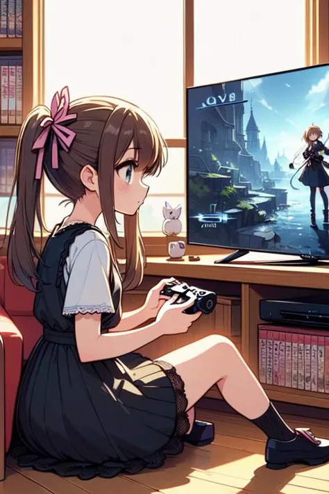 anime girl sitting on a couch playing a video game