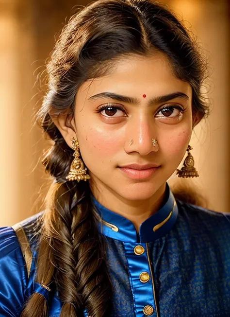 a close up of a woman with a braid in a blue dress