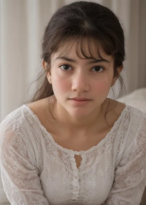 a close up of a woman sitting on a bed with a white shirt