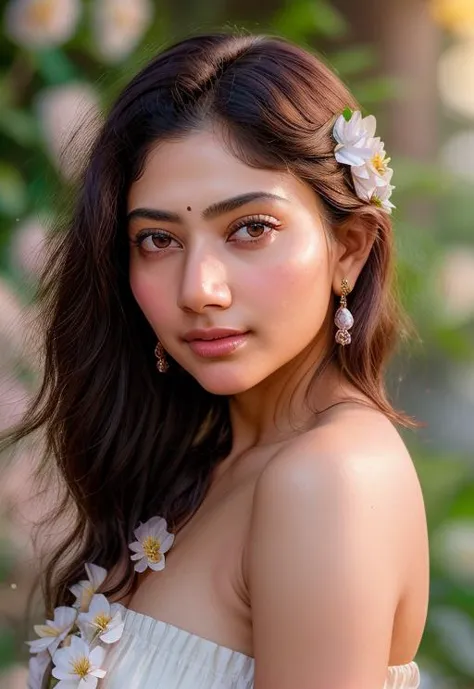 a close up of a woman with long hair wearing a white dress