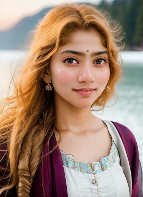 a close up of a woman with long hair and a purple jacket