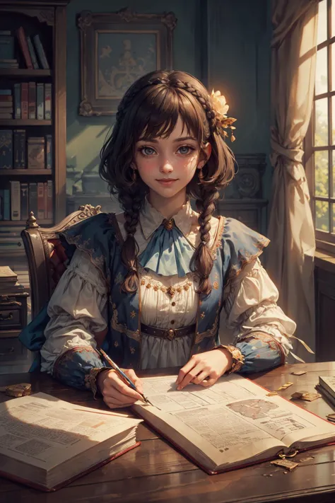 portrait, (masterpiece:1.1), (highest quality:1.1), (HDR:1.0),
1 girl, adult (elven:0.7) woman,  aquamarine eyes, dark brown dutch braid,
portrait, solo, half shot, looking at viewer, detailed background, detailed face, intricate details, (MusketPunkAI theme:1.1) scholar sitting at desk, simple clothes, reading, smiling,  surrounded by books, papers, maps,     runes, abacus,   formulas, magic aura, floating magical symbols, magic emerging from text, (style-swirlmagic:1.0),   intelligence,   study room in background, magical light, ethereal atmosphere,