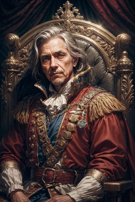 a painting of a man in a red coat sitting on a throne