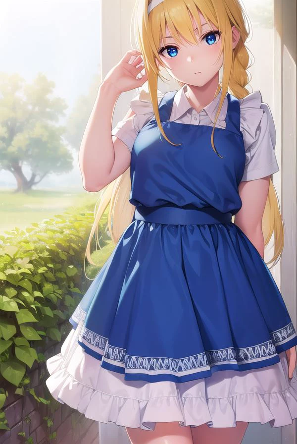 alicezuberg, alice zuberg, bangs, blue eyes, blonde hair, hair between eyes, very long hair, braid, hairband, white hairband,
BREAK dress, bow, ribbon, short sleeves, frills, apron, puffy short sleeves, blue dress, brown footwear, knee boots, white bow, white apron, frilled apron,
BREAK outside, forest, nature, sun, sky,
BREAK looking at viewer, (cowboy shot:1.5),
BREAK (masterpiece:1.2), best quality, high resolution, unity 8k wallpaper, (illustration:0.8), (beautiful detailed eyes:1.6), extremely detailed face, perfect lighting, extremely detailed CG, (perfect hands, perfect anatomy),