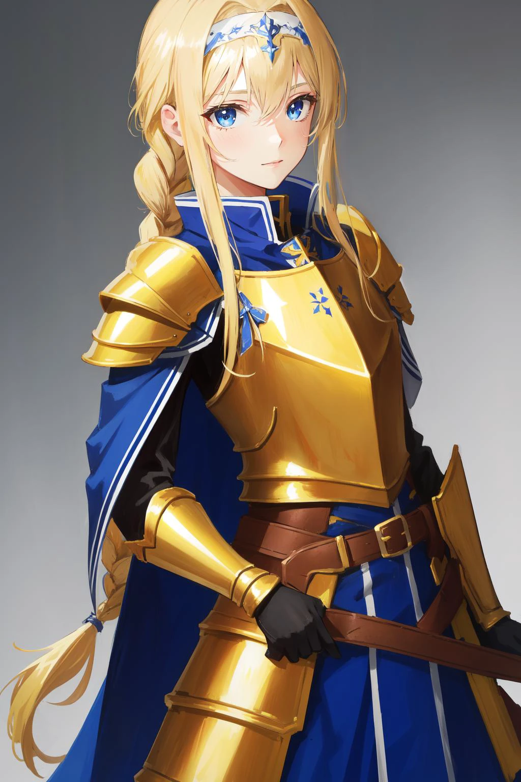 (masterpiece, best quality),  intricate details,
1girl,     alice zuberg, bangs, blue eyes, blonde hair, hair between eyes, very long hair, braid, hairband, white hairband,, dress, cape, armor, blue dress, shoulder armor, gauntlets, pauldrons, breastplate, armored dress, faulds, blue cape, knight, (gold armor:1.1), body armor,
