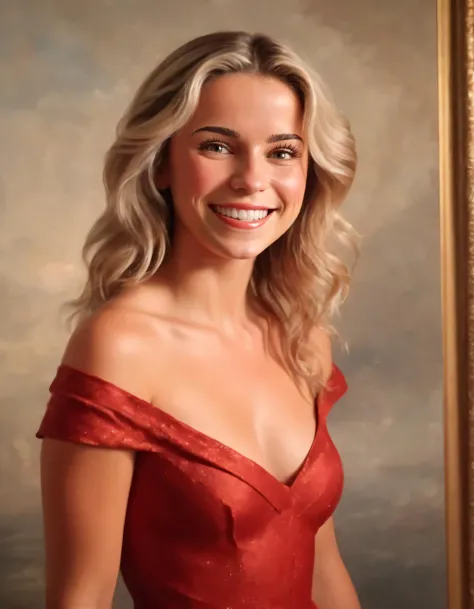 a woman in a red dress posing for a picture in front of a painting