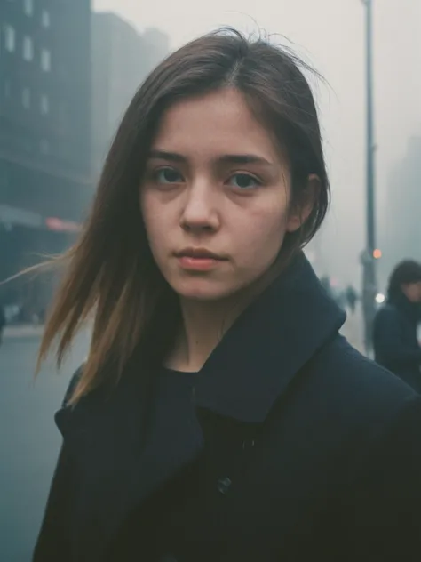 a woman in a black coat standing on a street in the fog