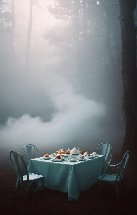 there is a table with a blue cloth and chairs in the woods