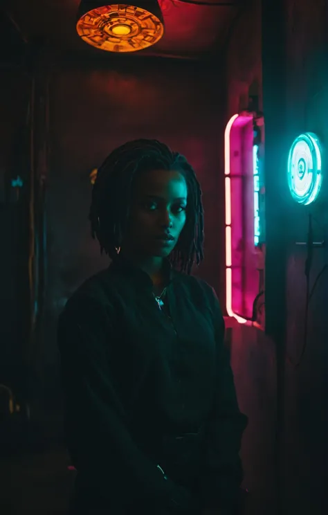 a woman with dreadlocks standing in a dark room with neon lights