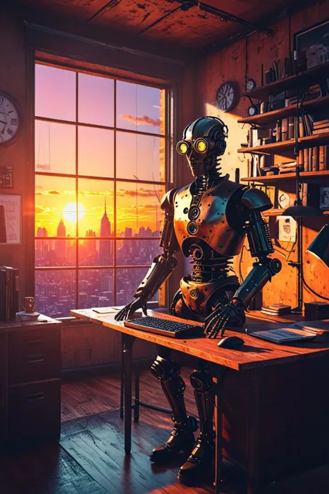 robot sitting at a desk in a room with a window