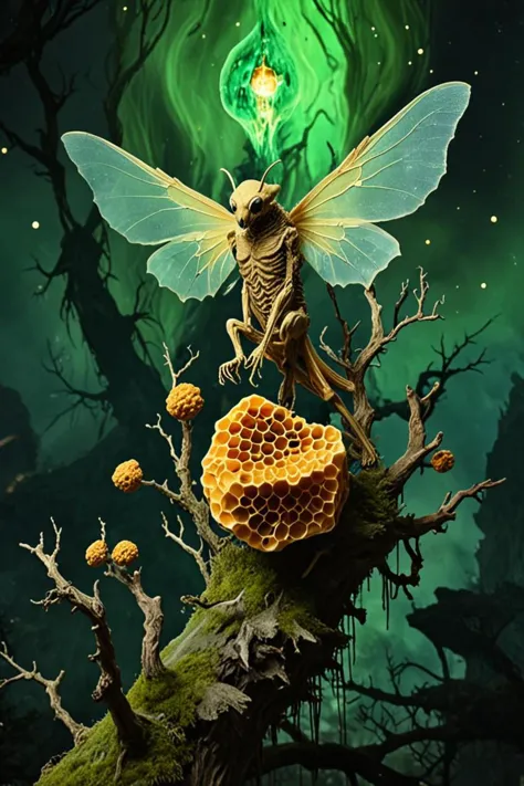 a close up of a skeleton sitting on a tree branch with a bee