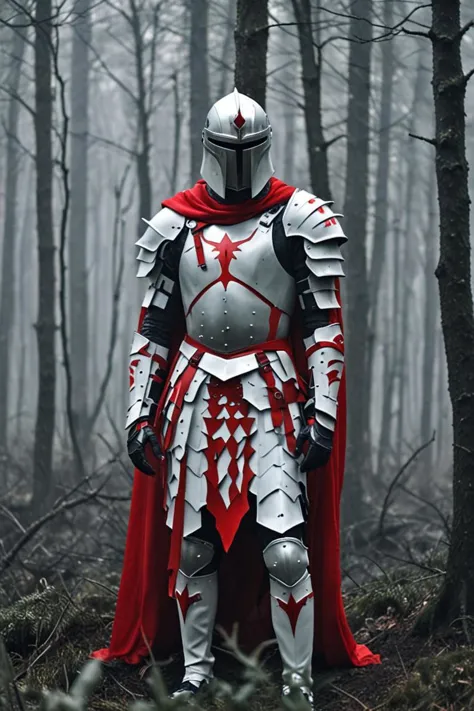 arafed knight in a red cape and armor standing in a forest