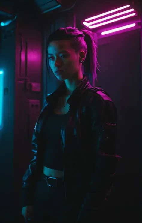 a woman in a black jacket and black pants standing in a dark room