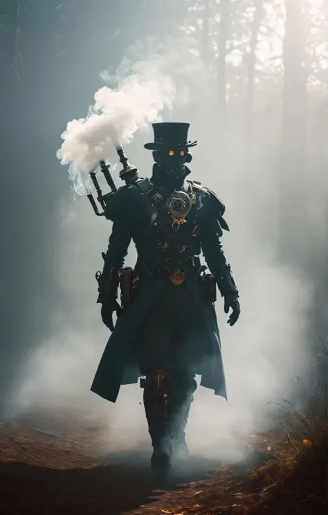 a man in a steam suit and top hat walking through the fog