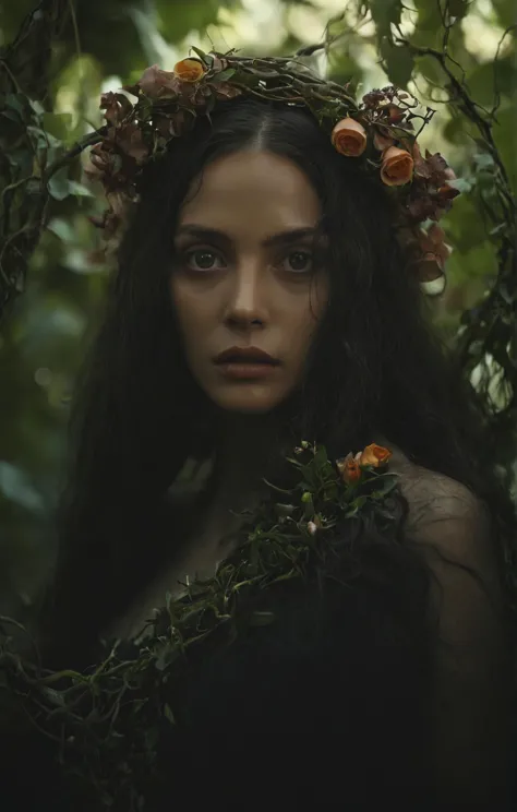 a woman with long hair and a wreath of flowers on her head