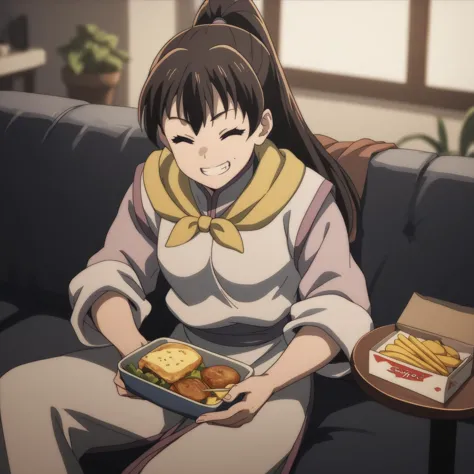 anime girl sitting on a couch with a tray of food