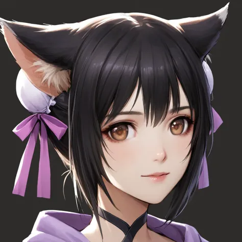 anime girl with black hair and purple bow and ears