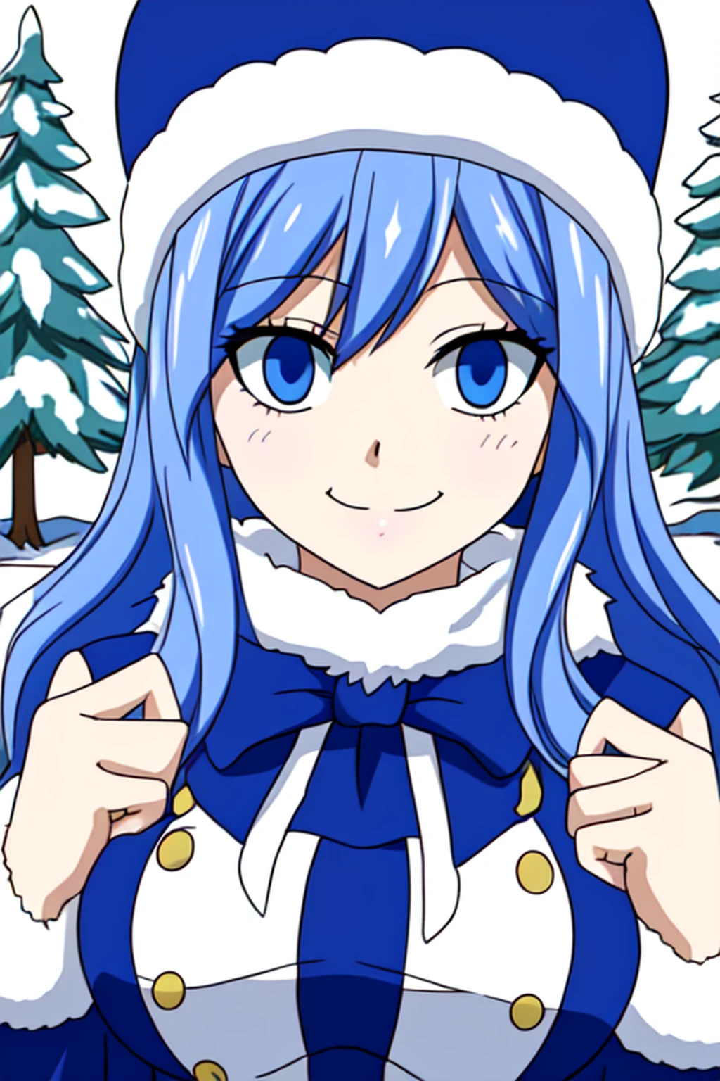 masterpiece, best quality, highly detailed, highres, hdr, 1girl, solo, (Juvia_Lockser)++ in the snow, smile, snow trees, blue eyes,  long hair, hat, happy