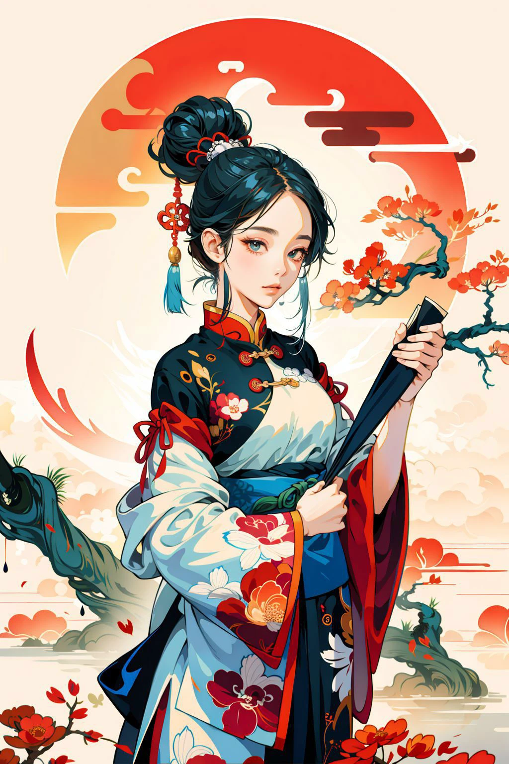 中国の水墨画スタイル,1人の女の子, (傑作, 最高品質, 高品質, 高解像度, 超詳細),