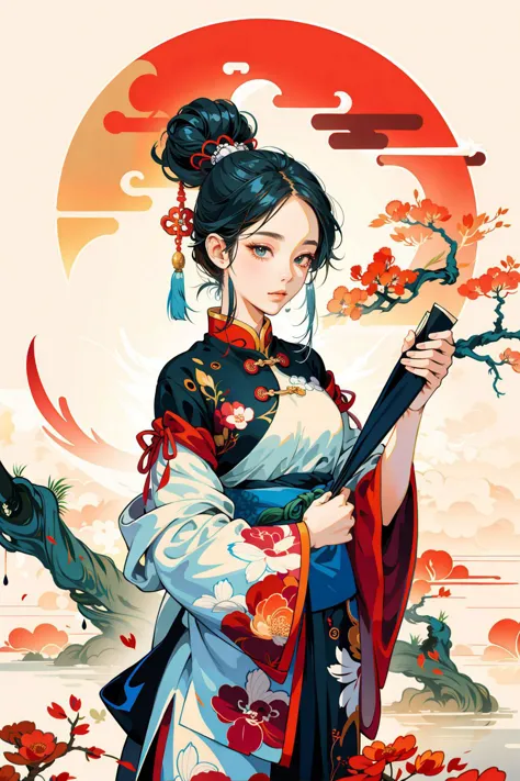 a woman in a kimono outfit holding a sword in front of a sunset