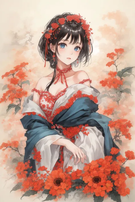 a woman in a red dress and a blue cape is surrounded by flowers