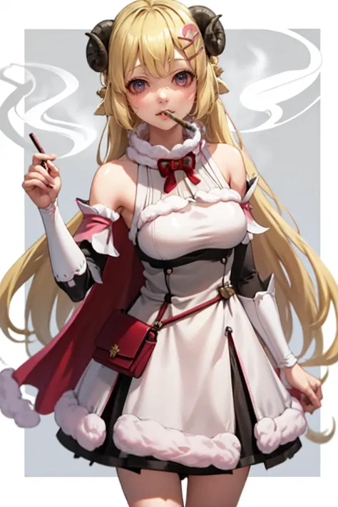 masterpiece, best quality, solo, 1girl, looking at viewer, <lora:Stoned-Concept_Fp:1>, stoned,  simple background,  smoking,  <lora:CHAR-WatameV5:1>, WatameBase, very long hair, ahoge, hairclip, fur-trimmed dress, bowtie, detached sleeves, pouch, cape