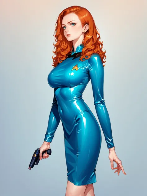 a woman in a blue latex dress holding a gun