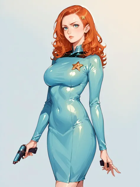 a woman in a blue dress holding a gun