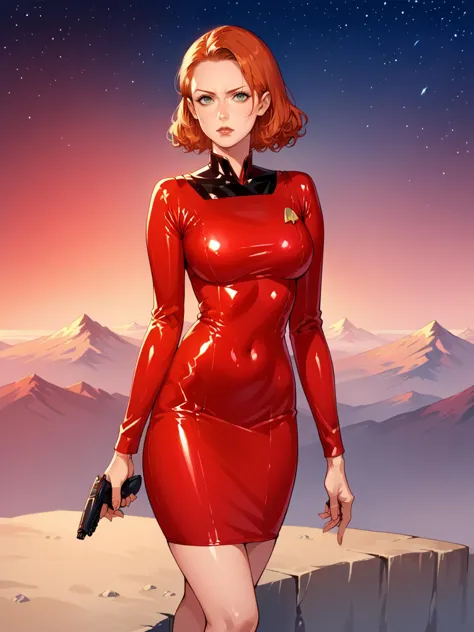 a woman in a red latex dress standing on a cliff