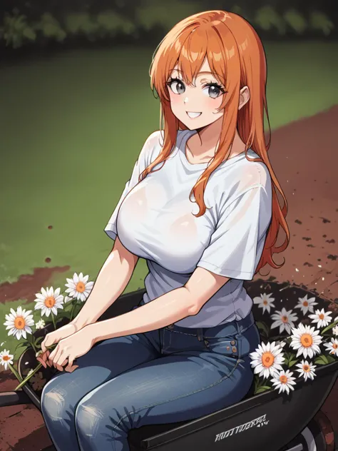 anime girl sitting in a wheelbarrow with daisies in the background