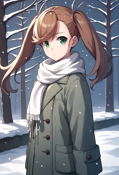 a woman in a coat and scarf standing in the snow