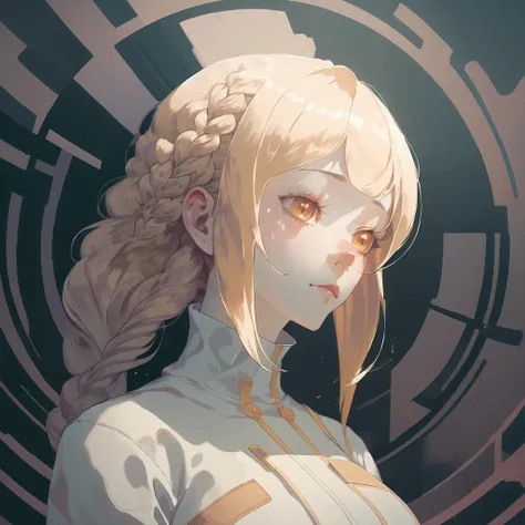 anime girl with braid hair and a white shirt in front of a circular background