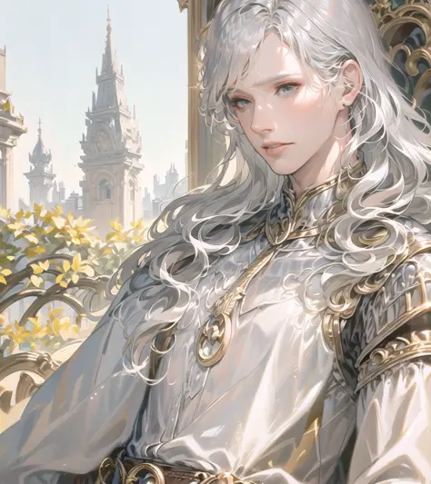 griffith,1boy,solo,<(masterpiece, realistic:1.3)>,  <baroque, rococo,(loose dress:1.3), silver embroidery>,curly hair, mature ma...