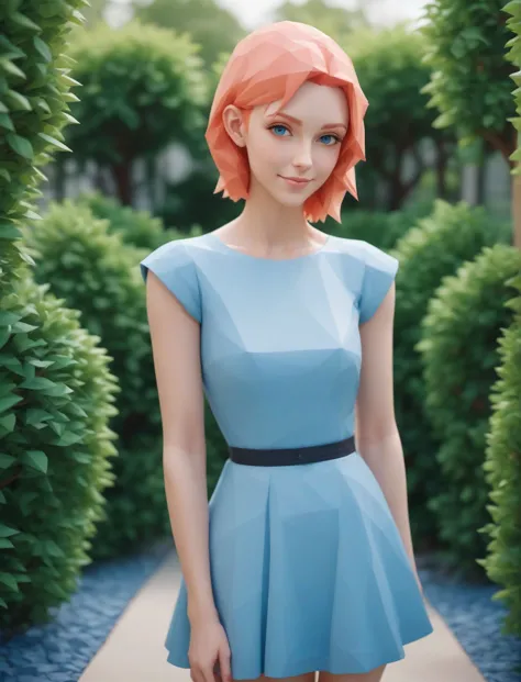 a woman with red hair and blue dress standing in a garden