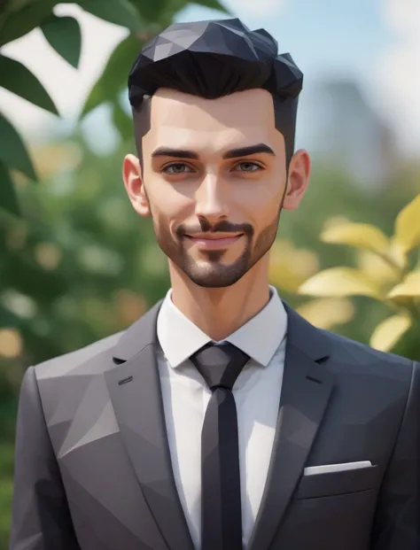 photoshoot, waist up,handsome (skinny) man with  smooth natural skin and (smiling:0.7) ,formal garden , bokeh.  [undercut|punk] black hair,   (<lora:low_poly_count:6.5> low poly count  suit and tie),