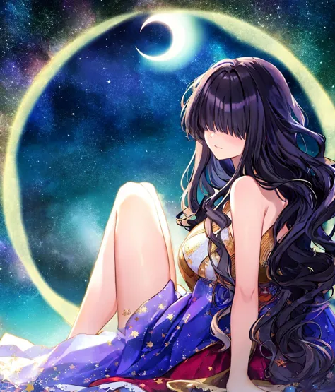 a woman sitting on a bed with a moon in the background