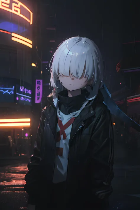 anime character in a black jacket standing in the rain