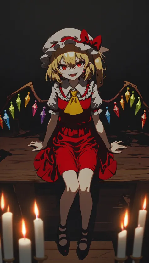 flandre-scarlet red-dress yellow-ascot white-mob-cap blonde-hair red-eyes smug fangs BREAK (darkness:1.2) unlit black-background sitting arm-support surrounded-by-melting-candles scarlet-devil-mansion BREAK masterpiece best-quality full-body <lora:[diffLora] lowexposurenoiseoffset:1.0>