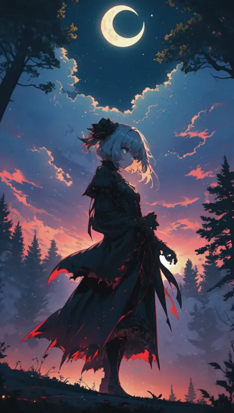 a girl standing in the woods with a crescent above her