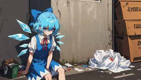 cirno, solo, puffy short sleeves, blue hair, blue bow, hair bow, hair between eyes, blue eyes, neck ribbon, blue dress, ice wings, white shirt, pinafore dress, short hair, red ribbon, exhausted, depressed, (messy hair:1.2), smoking (cigarette:1.1), sitting, in a messy alley, dumpster, piles of trash, homeless, masterpiece