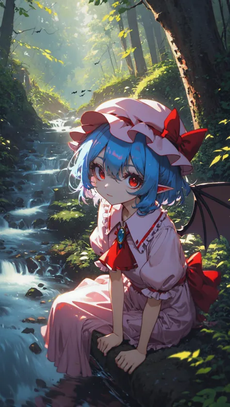 anime girl sitting on a rock in the woods by a stream