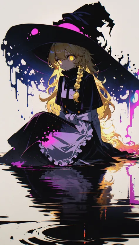 (silhouette:1.25), kirisame marisa, solo, sitting, alone, braid, blonde hair, yellow eyes, witch hat, black dress, waist apron, messy hair, glowing eyes, dark background, somber expression, looking down, dark energy, ripples, reflection, colorful, vibrant colors, portal to another world, superb, limited palette, spot color, blue