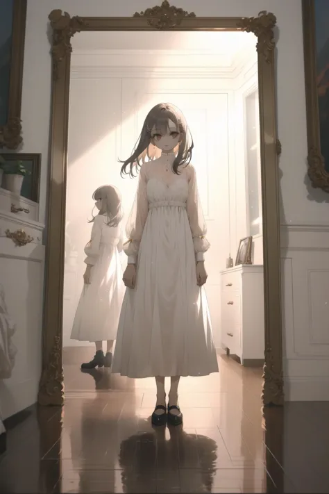 a girl in a white dress, mirror, floor, standing alone, horror